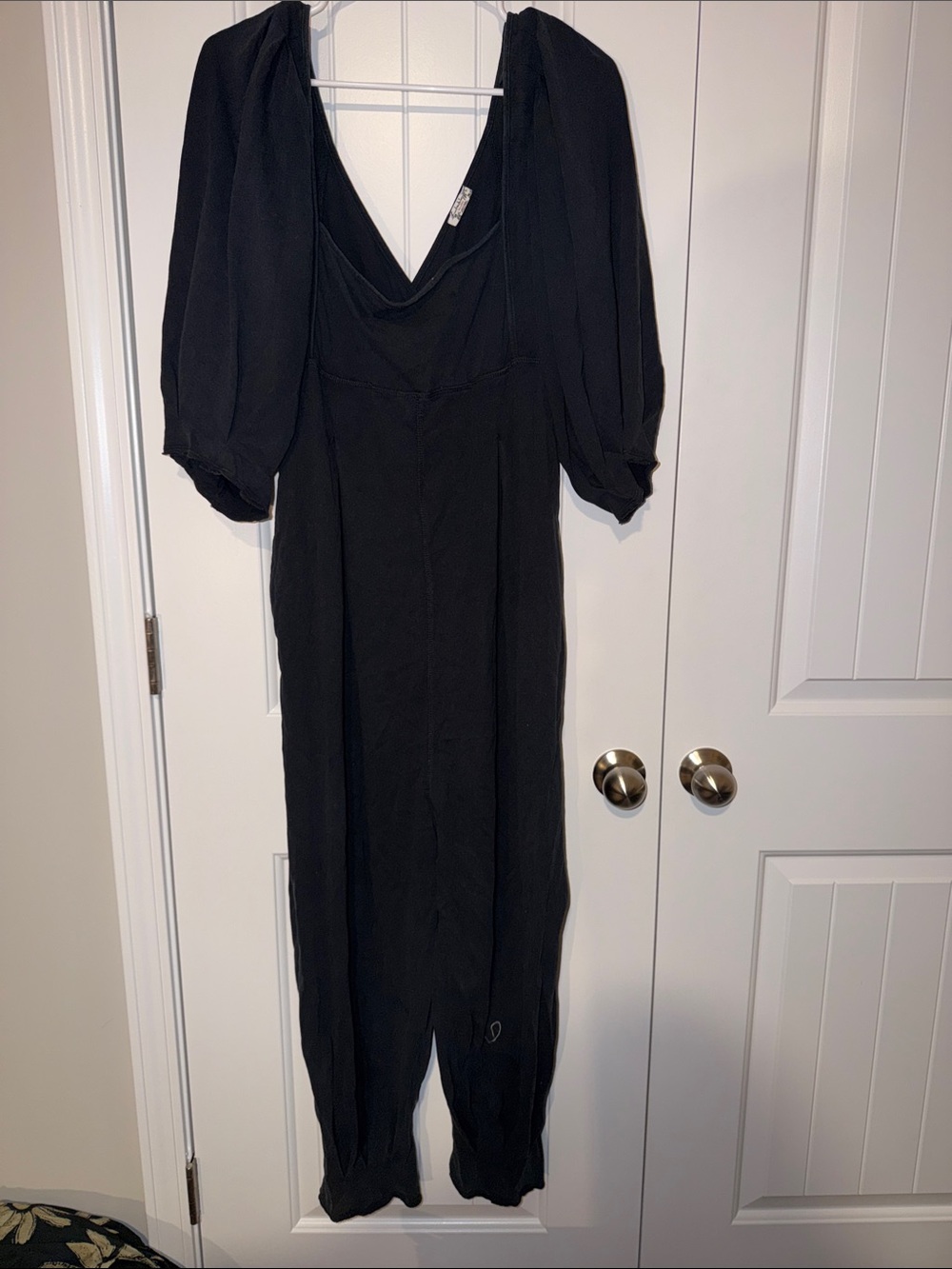 Free People Black V-Neck jumpsuit with Puff Sleeves